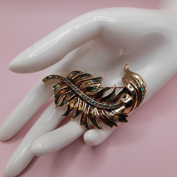 Vintage Monet Feather Brooch, Green Rhinestones, Brown Enamel, 2 3/4 Inches - Picture 5 of 7